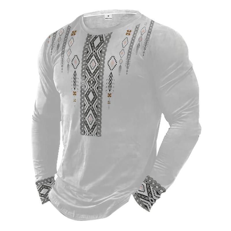 Tribal Print Long Sleeve T-Shirt - Fashion Round Neck Geometric Mosaic Design, Suitable for Casual Outings and Autumn/Winter Wear
