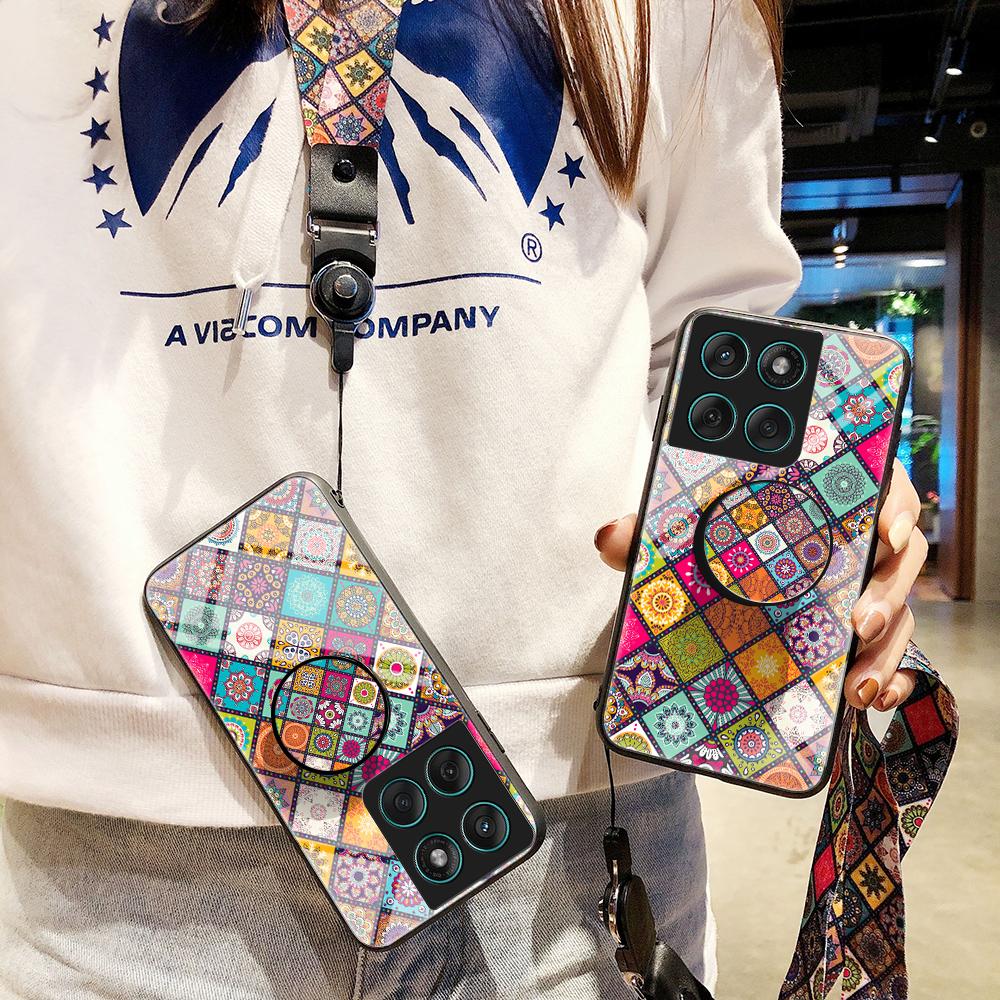 For Motorola Edge 60 Fusion 5G/Edge 60 5G Case Kickstand Ethnic Pattern Tempered Glass Phone Cover with Strap