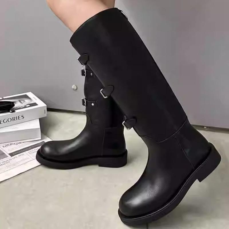 Martin Boots Women's Autumn and Winter New Leather Buckle Thick Heel Knight Boots Women's Knee Boots