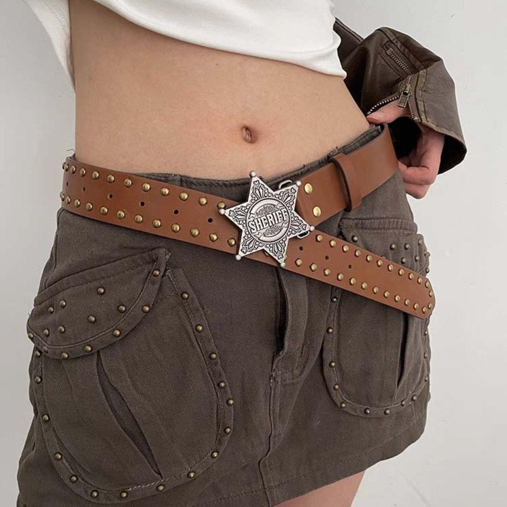 Wide Side Star PU Leather Belt Metal Buckle Trouser Decoration Y2k Style Waist Belt  Female/Girls
