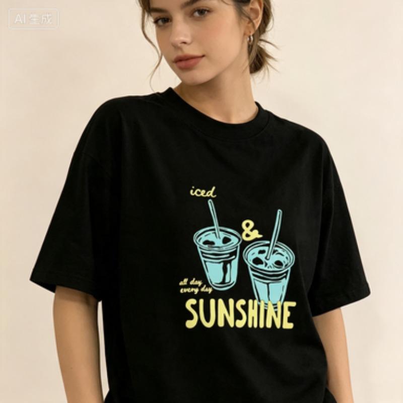 Coffee Lover Unisex 100 Cotton Tshirt Vintage Print Two Iced Coffee Cups Sunshine Quote Retro Letter Casual Tees