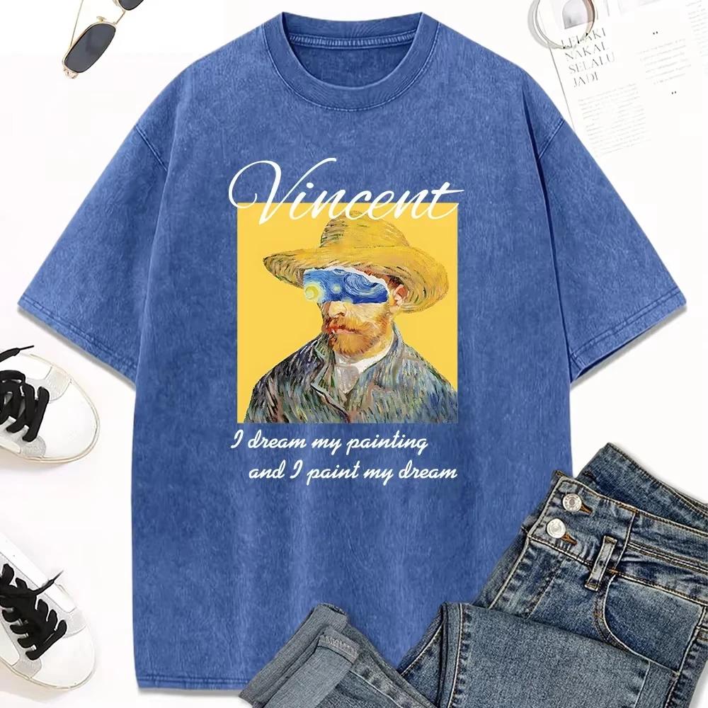 Summer personalized oil painting printed Tshirt casual water wash vintage Tshirt soft Unisex and Women comfortable Tshirt