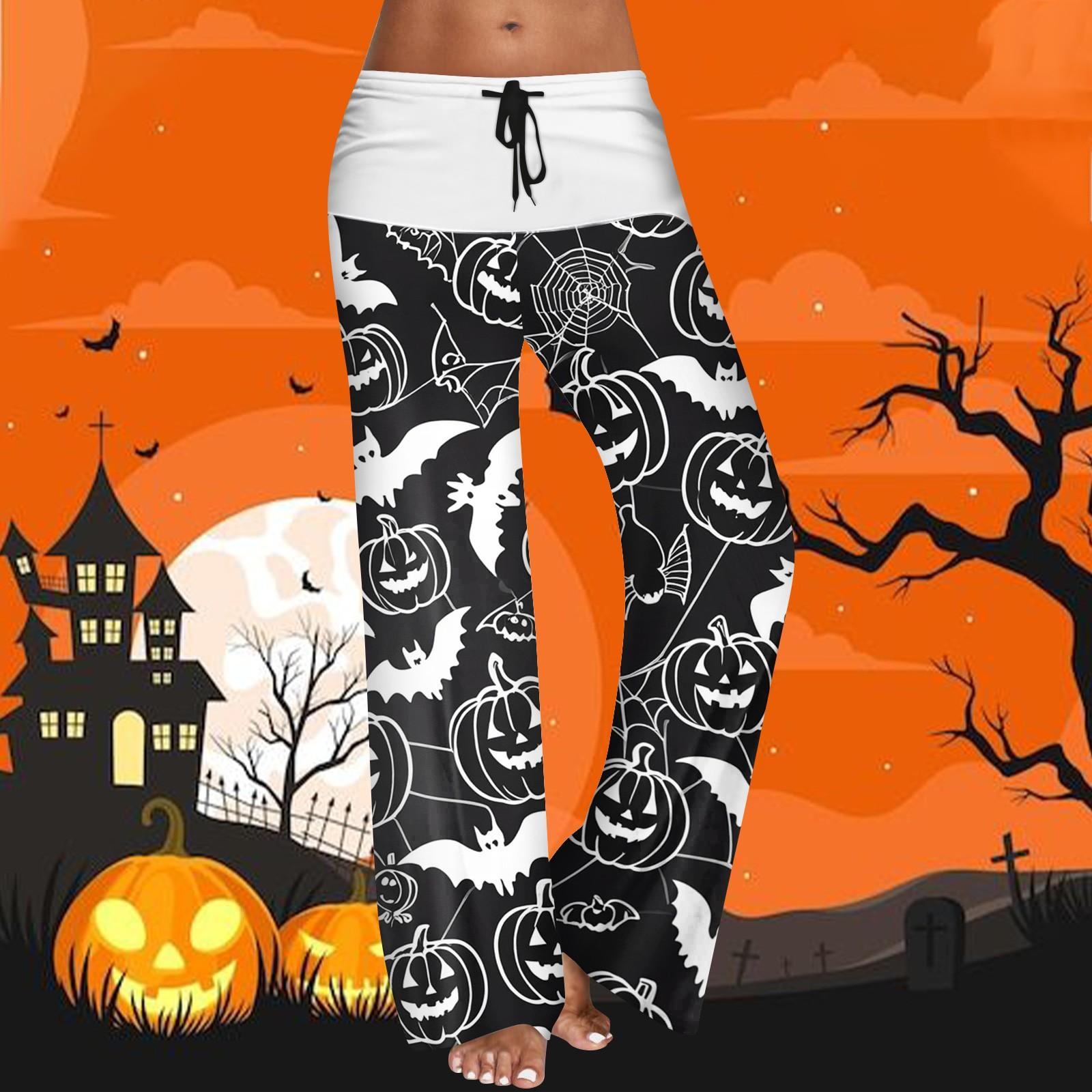 

Женские повседневные брюки с эластичным поясом на кулиске, широкими штанинами, цветной вставкой и принтом на Хэллоуин M