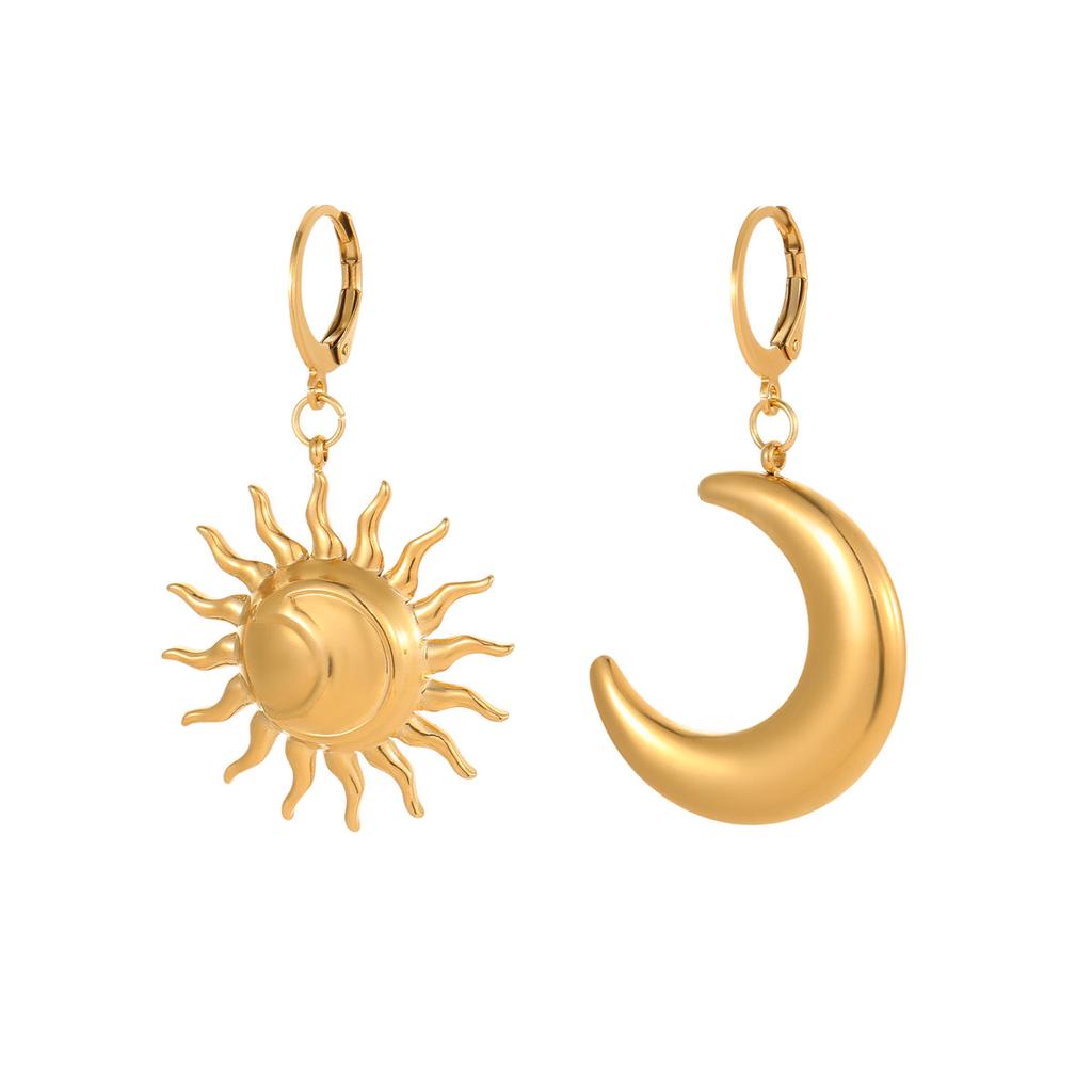 Stainless Steel Geometric Moon And Sun Earrings For Women, French Retro High-End Jewelry Gift