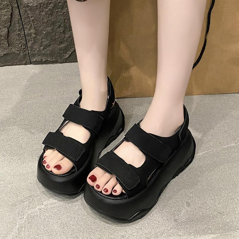 Fashion Platform Beach Shoes Suede Leather Round Head Peep Toe Hook & Loop Thick Bottom Casual Sandals Top Quality