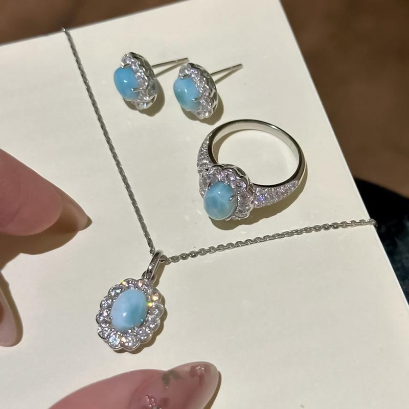 Romantische blaue Taube 925 Silber & Ovaler Seeablagerungsjaspis Dreiteiliges Set