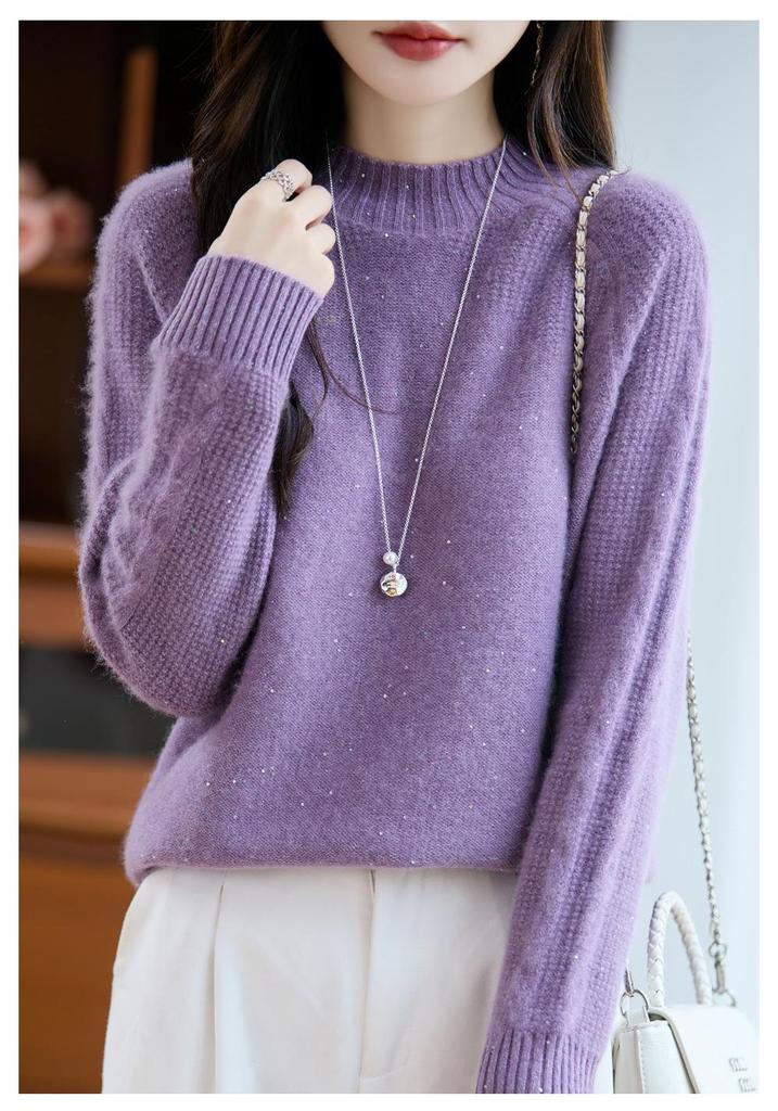 Autumn/Winter Wool High-Neck Knit Sweater with Colorful Sequins - Thickened & Loose Fit