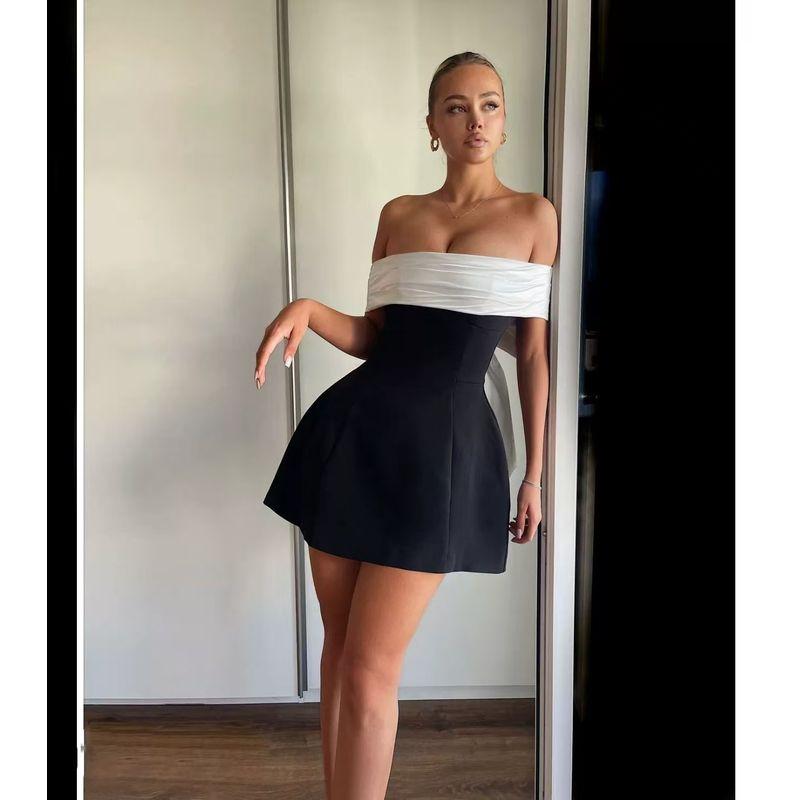 

European and American New Sexy Tube Top Bow Waist Hugging Dress Sexy Bodycon Strapless Dress Black S