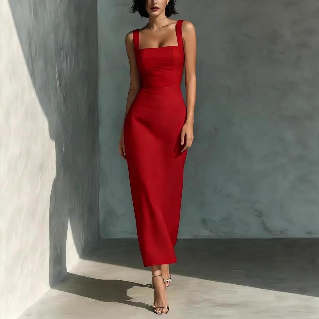 Elegant Square Neck Spaghetti Strap Dress - Waist-Cinched, Sexy New Style for Women