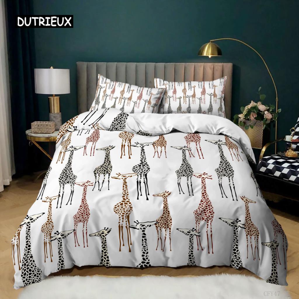 Giraffe Duvet Cover Set Full Size Animal Theme Comforter Cover Giraffe Pattern for Kids Teens Boys Polyester Giraffe Quilt Cover