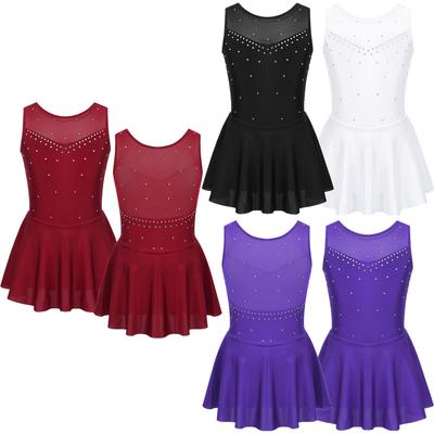 Kids Girls Sleeveless Shiny Rhinestone Ballet Leotard Dress Tulle Lyrical Dance Ice Skating Athletic Costumes