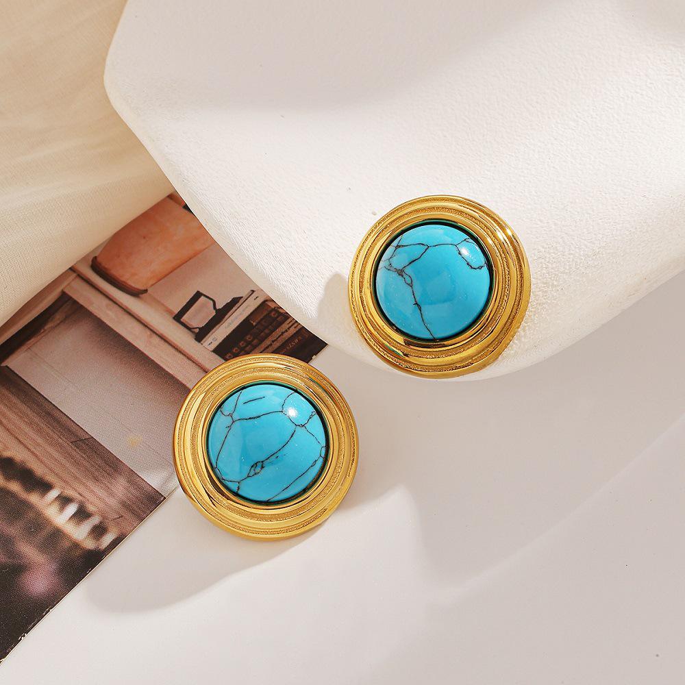 Ying Tai 18K Gold Vacuum Plated Stainless Steel Turquoise Texture Stud Earrings - Non-fading, High Polish Finish.