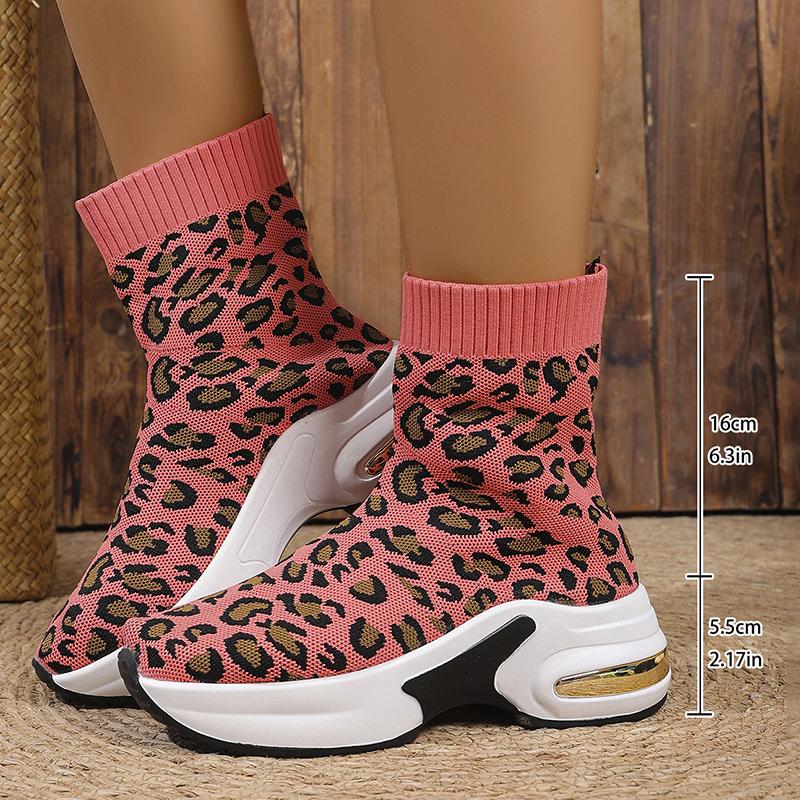 Fashion Fashion Leopard Print Platform Ankle Boots Women Comfy Slip On Breathable Knitted Boots Woman Plus Size 35-43 Wedges Short Boots