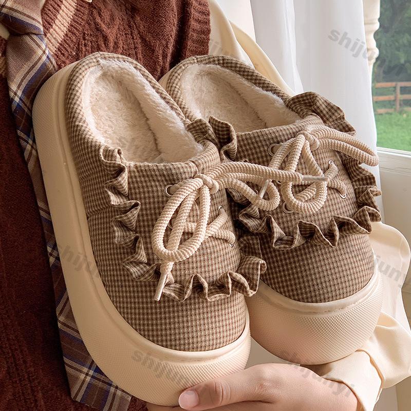 Fashion Women Cute Bowtie Mary Jane Cotton Slippers 2025 Winter Soft Thick Bottom Outdoor Slippers Woman Non-Slip Flat Heels House Shoes