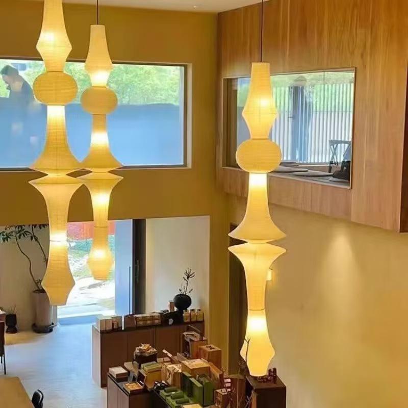 Japanese Wabi-sabi Style Isamu Noguchi Xuan Paper Long Vintage Chandelier for Aisles, Staircases, and Loft Window Displays.