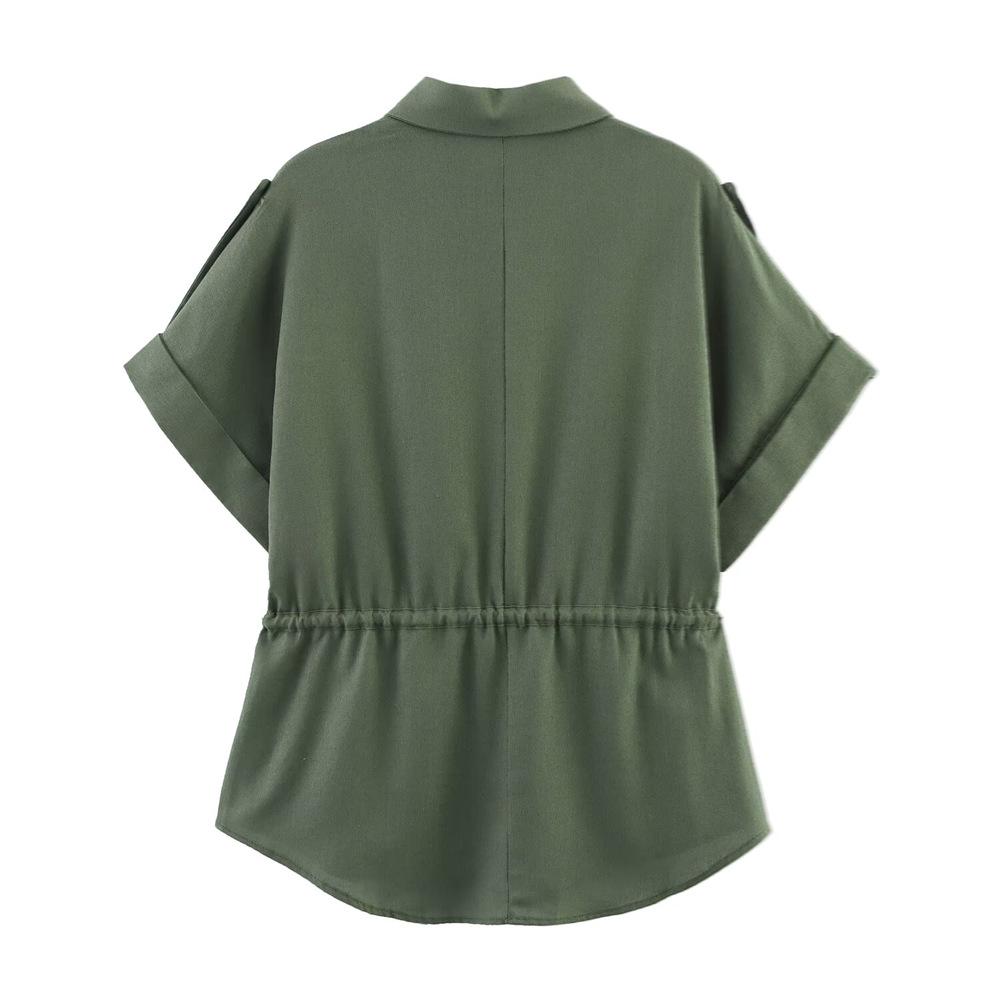 2025 Spring/Summer Women's Slim Fit Lapel Shirt with Tie-Up Decoration