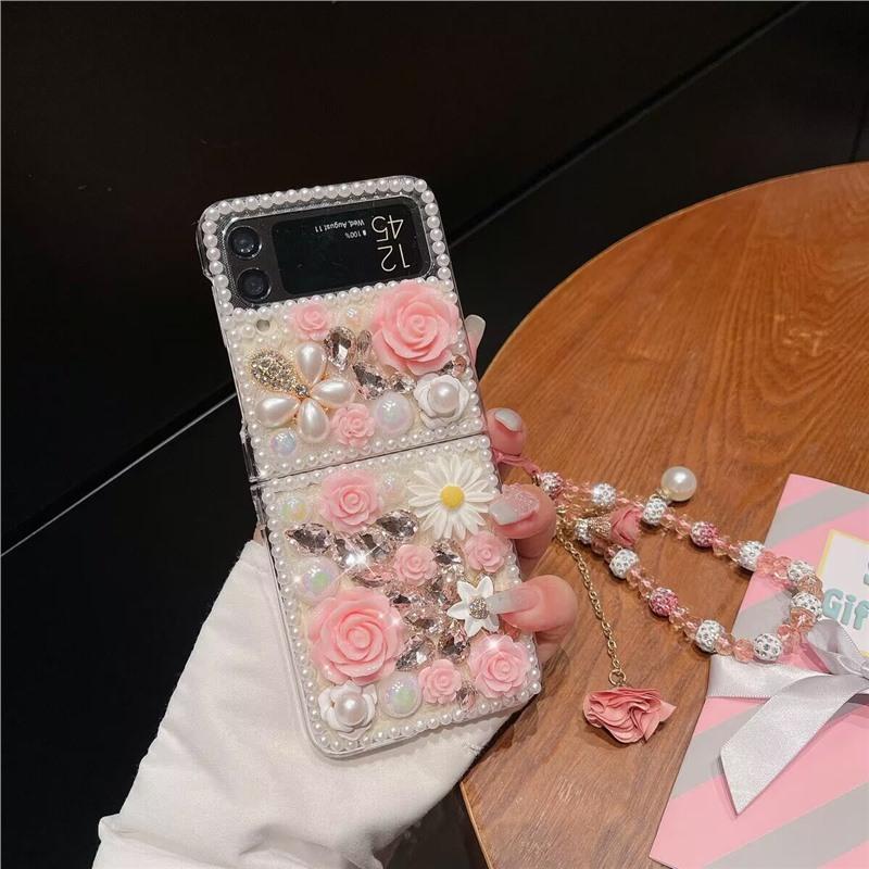 Phone Cases Samsung, Flower Rhinestone Phone Cases with Matching Bracelets samsung z flip 3 (top & bottom)