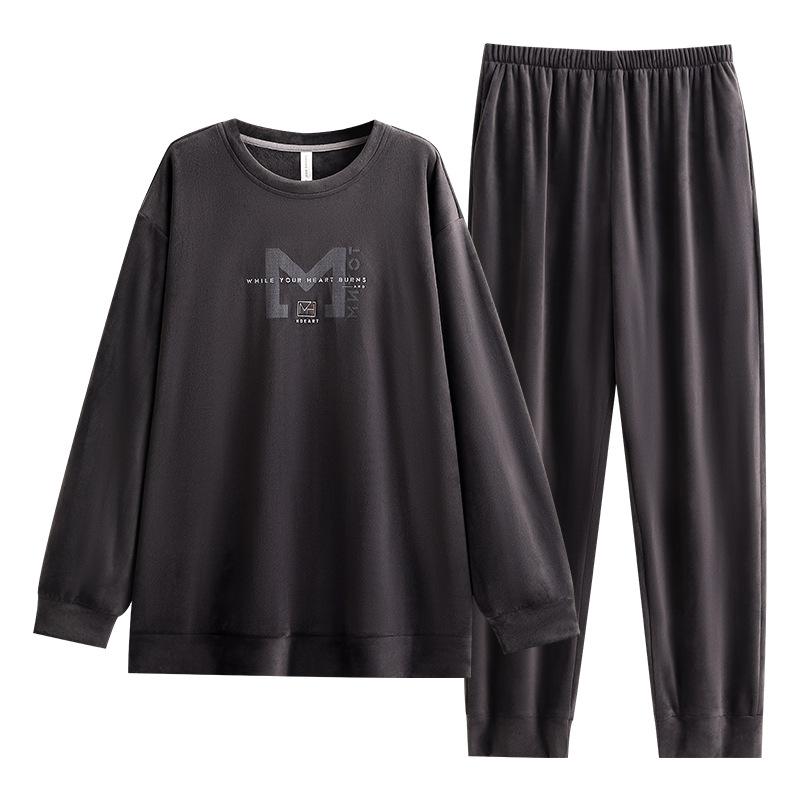 Pajamas Men'S Autumn And Winter Warm Island Fleece Long Sleeve Crew Neck Pullover Coral Fleece Loungewear Thin Fleece Large Size Set