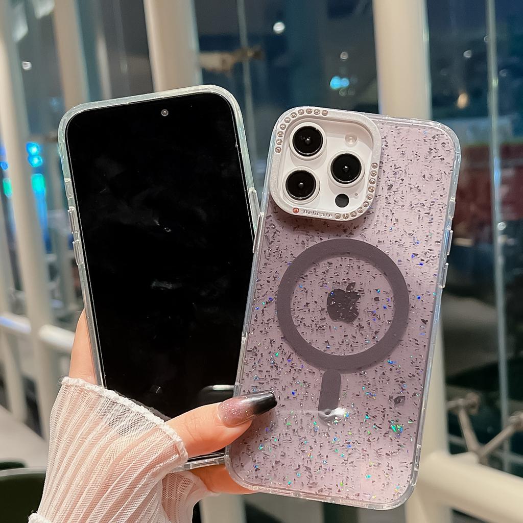 Applicable To IPhone16ProMax Color Magnetic Suction Phone Case Apple 15 Transparent Diamond Flash Powder Anti Fall 14 Protective Case