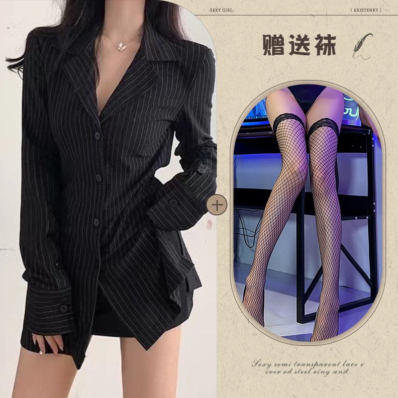 Erotic lingerie boyfriend shirt long sleeve striped slim and versatile mid-length slimming autumn waist top