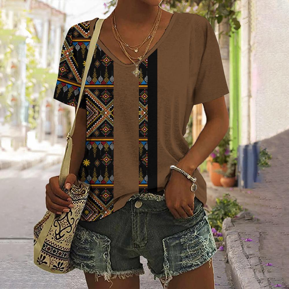 Letnia Vintage Etniczna Sun 3D Print T-shirt Kobiety Streetwear T-shirty Y2k Topy Kobieta Harajuku Koszulki z dekoltem w serek Oversized Odzież