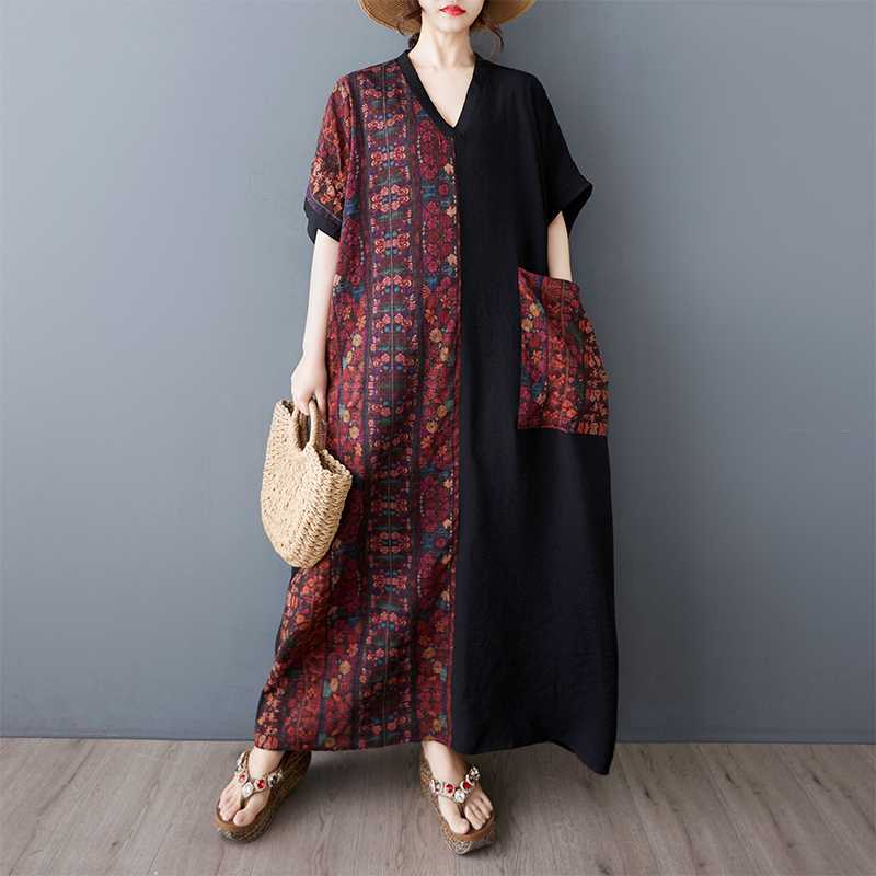 Summer Women's Cotton and Linen V-neck Short Sleeved Long Dress