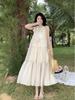 Striped Chiffon Halter Neck Summer Dress with Lace Stitching and Large Swing Skirt