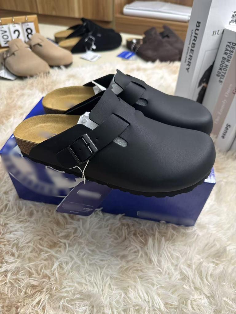 Birkenstock Genuine Leather Closed-Toe Half Slippers for Men and Women - Cork Insole, Spring/Autumn Style.