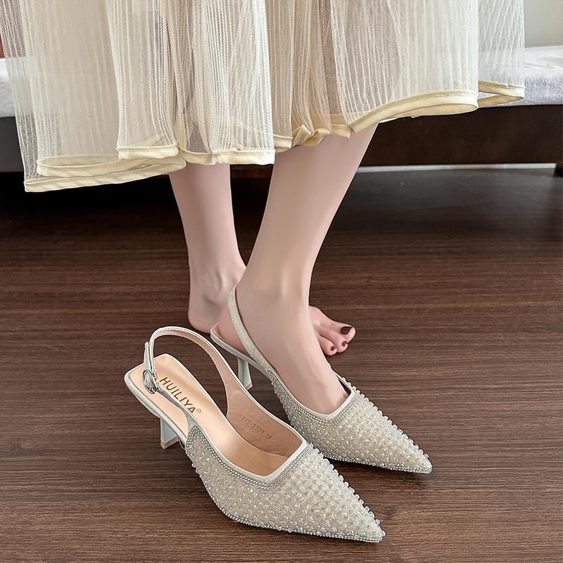 B813-ES79 New Gypsy River~ Pointed mesh rhinestone rear empty high-heeled sandals women's dinner shoes women's wedding shoes