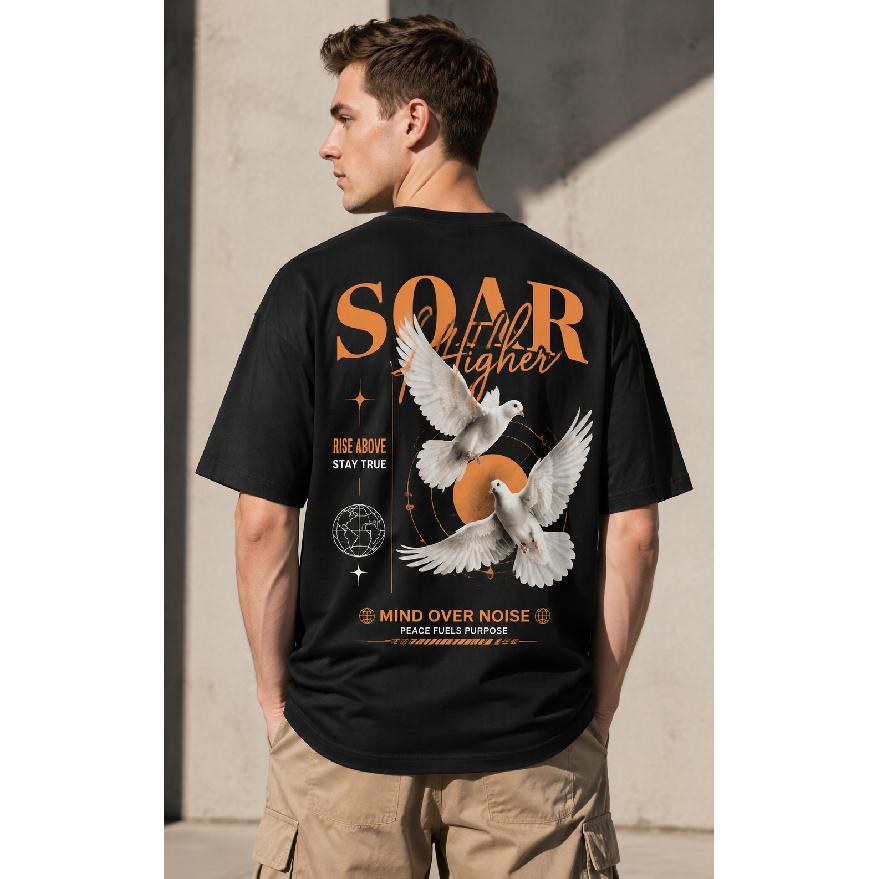 Men's black short-sleeve crew neck tee with inspirational dove graphic, soft cotton feel, motivational quote design for daily wear and casual outings