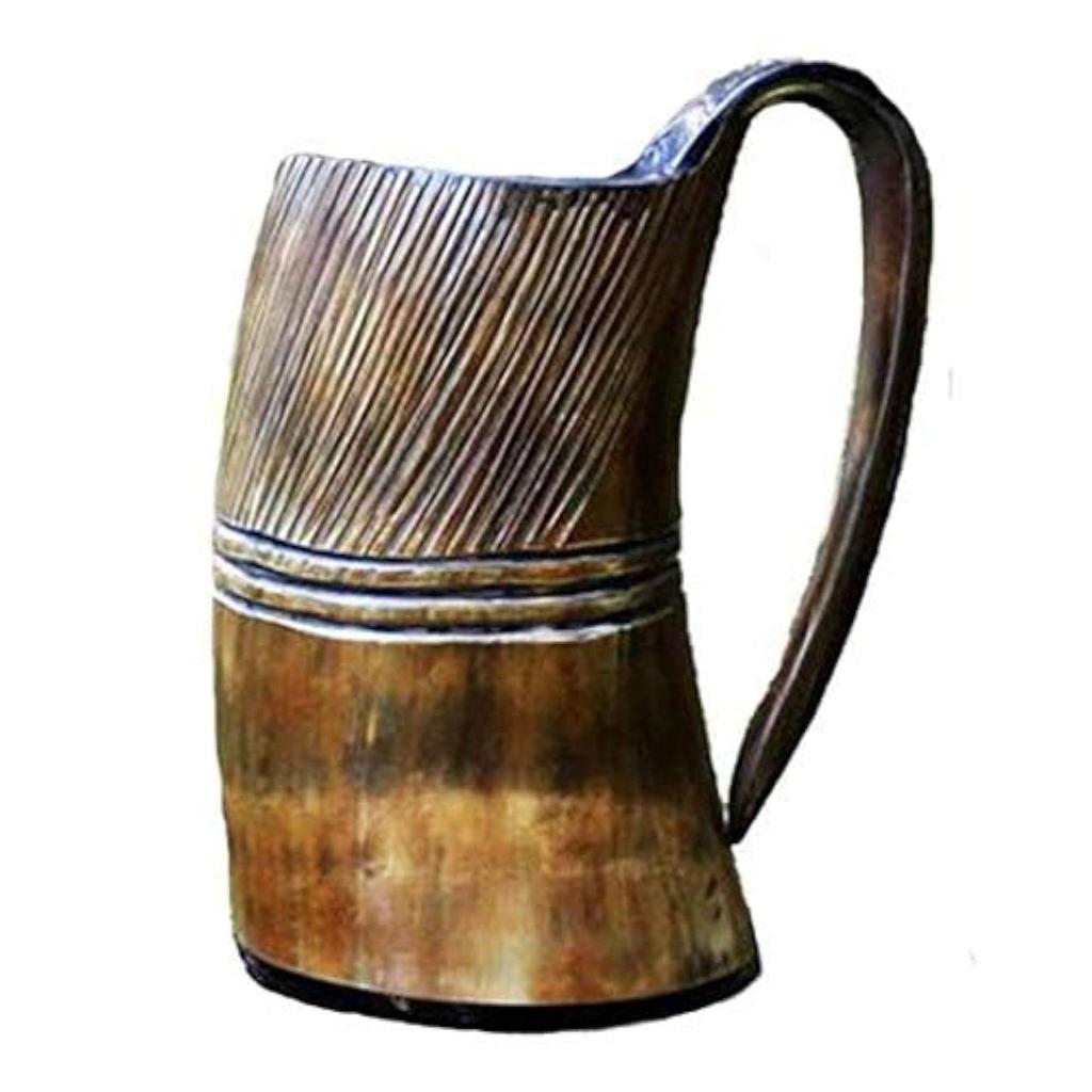 Vibes Horn Mug Tankard Special Edition - Hand Engraved Viking Original Horn Mug Cup for Mead, Ale and Beer - Original Medieval Mug (Pattern 1, 600 ML)