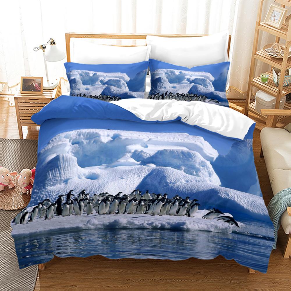 Antarctic Penguins Duvet Cover Set For Kid Girl Boy Cute Animals Polyester Comforter Cover Black White Print Bedspread King Size