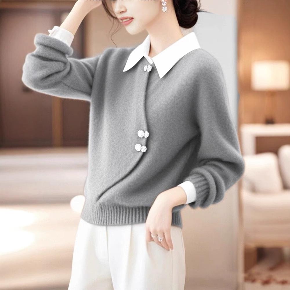 2025 Stylish Chinese-Style Gray Sweater: Women's Thick, Warm Winter Inner Layer with Faux Two-Piece Design
