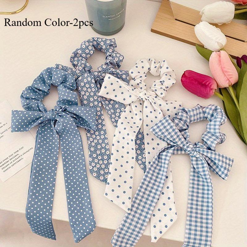 2pcs Polka Dot Blue Grid Bow Headband, French Printed Scarf Headband, Cute Ponytail Tie, Hair Accessories for Women