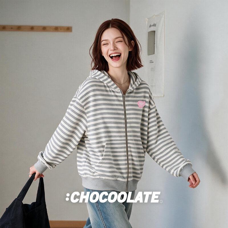 CHOCOOLATE Women's Striped Hooded Zip-Up Cardigan