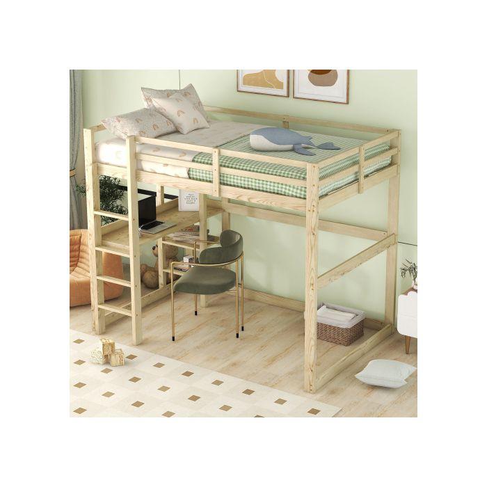 Lit surélevé - MUVOE - 140 x 200 cm - Bois massif - 4 compartiments de rangement - Bureau intégré