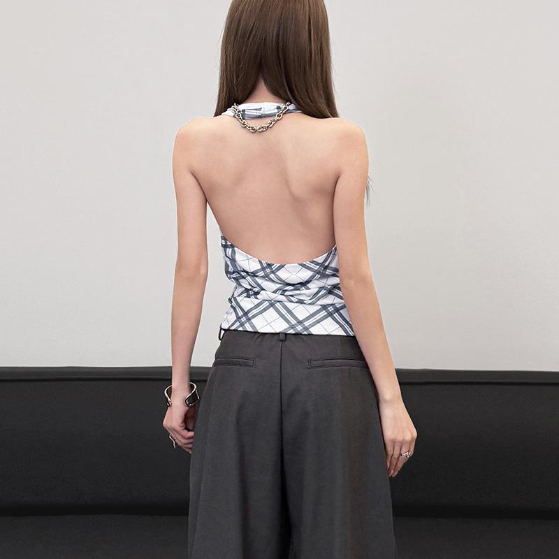 European and American Style Summer New Women's Clothing Fashion Casual Simple Neck Backless Design Plaid Sleeveless Small Vest