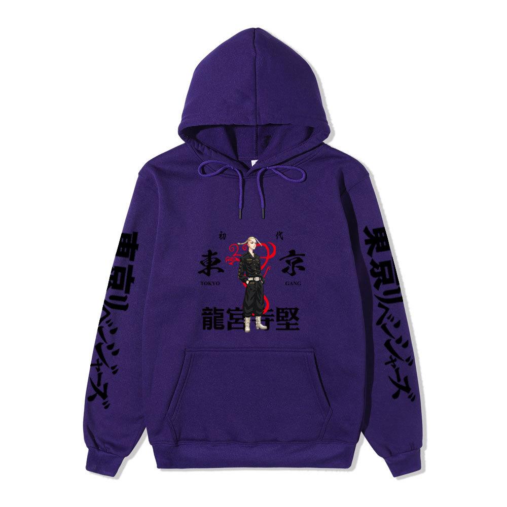 Tokyo Revengers Hoodie with Ryuguji Ken Print, Long Sleeve Pullover Sweatshirt, Anime Street Casual Unisex Sweatshirt with Japanese Text Sleeves