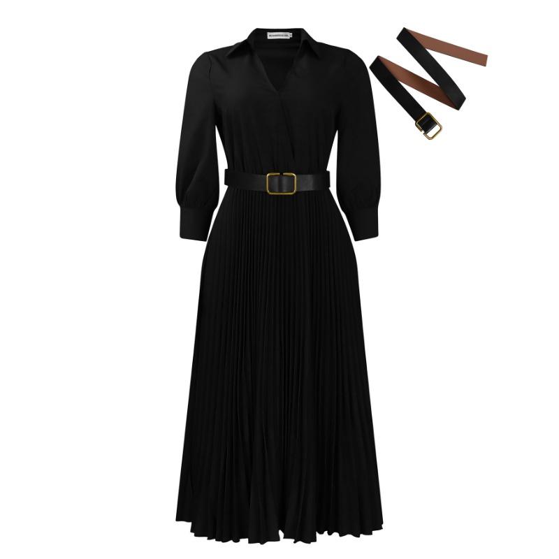 Women's Autumn and Winter Temperament Elegant Lapel Solid Color Large Swing Pleated Dress