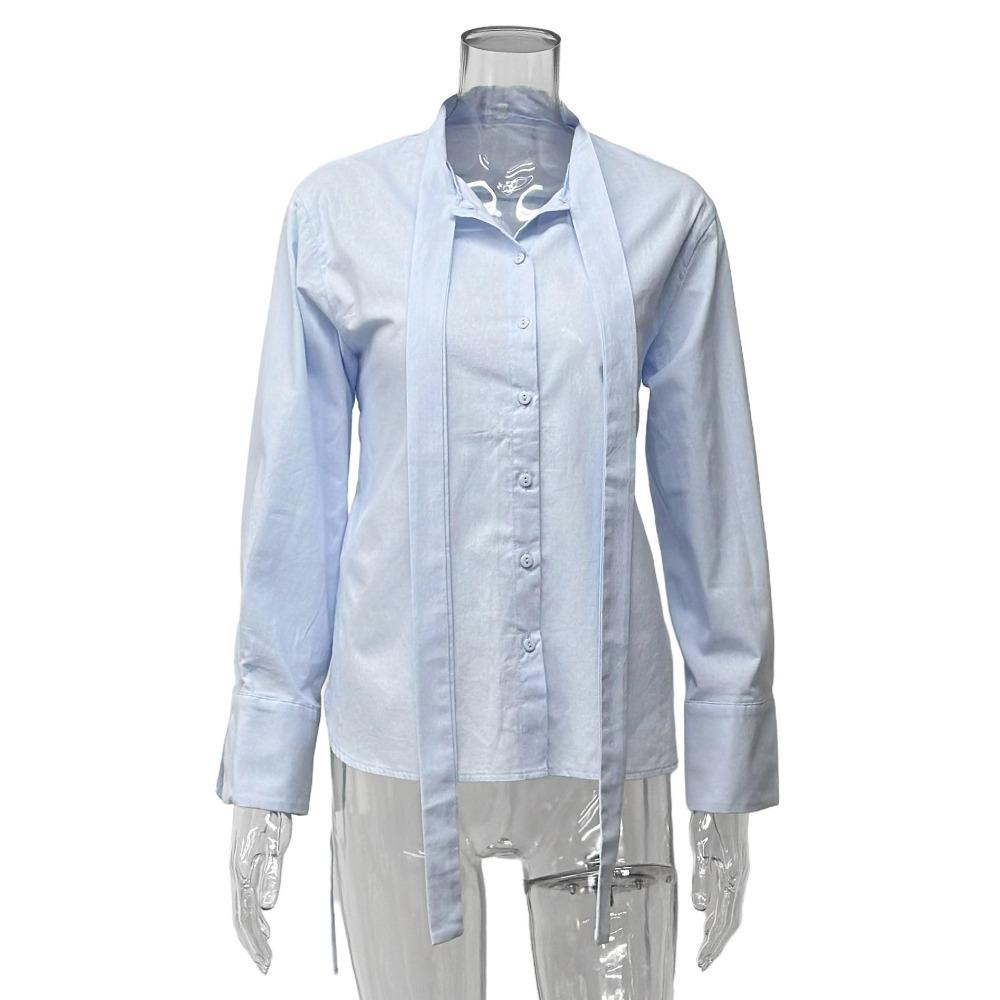 European and American spring and autumn hot French casual lace-up woven lightweight top, elegant shirt for women S светло-синий