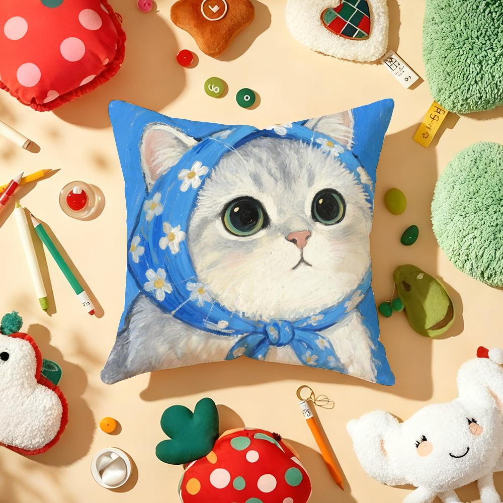 Art Cat Cute Cushion Cover Plush Fabric Soft Double-Sided Printed Sofa Warm Winter Home Child Gift Pillow Case