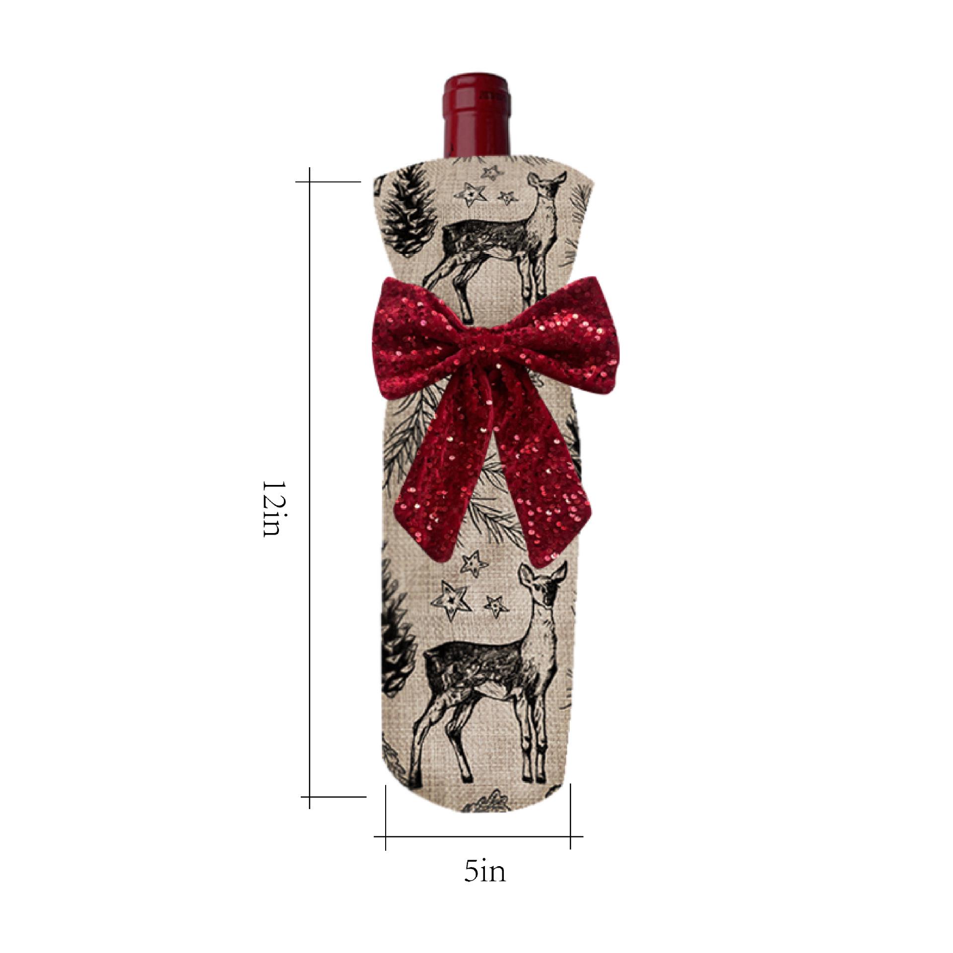 Festive Christmas Décor Set: Sequined Bow, Deer Stocking, Tablecloth, Tree Skirt, & Wine Bottle Cover