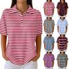 Women's Casual Short Sleeve Polo Shirt Waffle Texture Button Down Collar Top with Horizontal Stripes Pattern Suitable for Daily Wear