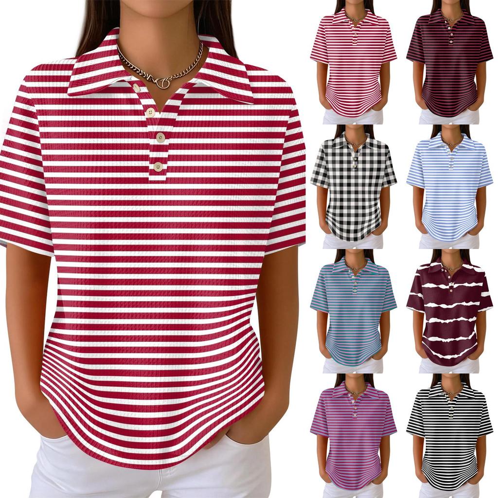 Women's Casual Short Sleeve Polo Shirt Waffle Texture Button Down Collar Top with Horizontal Stripes Pattern Suitable for Daily Wear