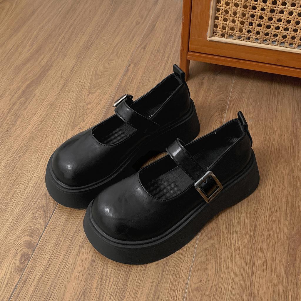 Black French Retro Platform Heightening Small Leather Shoes Women's 2025 New Summer Skirt Shallow Mouth Mary Jane Single Shoes