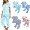 Damen V-Ausschnitt Kurzarm Caprihosen Set Lockerer Schnitt Stretch Tierprint Loungewear Pyjama Set
