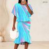Women Plus Size Two Piece Set Round Neck Batwing Sleeve Ruffle Hem Top Fishtail Skirt Skull Rose Printed Black Teal