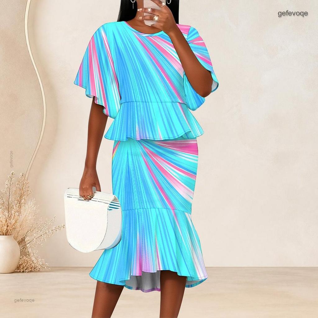 Women Plus Size Two Piece Set Round Neck Batwing Sleeve Ruffle Hem Top Fishtail Skirt Skull Rose Printed Black Teal