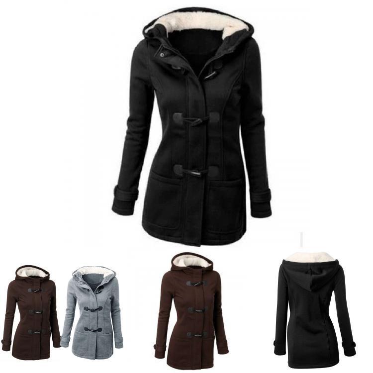 Damen Kapuzenjacke aus Baumwoll-Polyester-Mischung mit Reißverschluss und Hornknöpfen Figurbetonter Schnitt Schicke Pendler-Außenbekleidung
