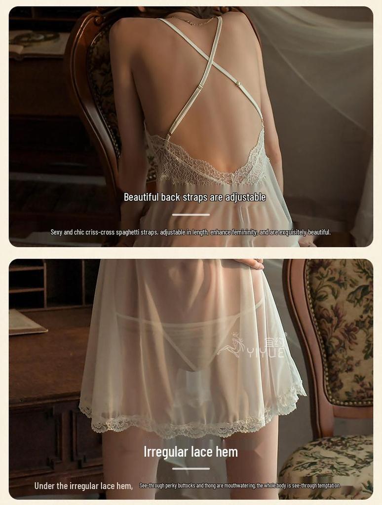 Yi Yue Krajkové noční šaty na ramínka s hlubokým výstřihem do V a síťovinou 8473